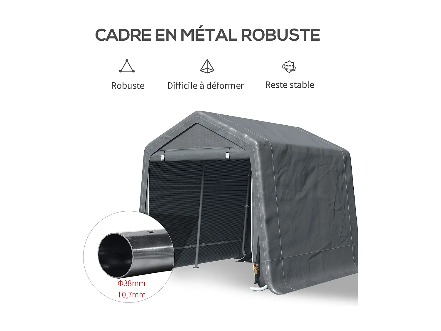 Abri de jardin - tente de stockage - abri de vélo - 2 portes zippées - dim. 280L x 240l x 240H cm - métal PE gris
