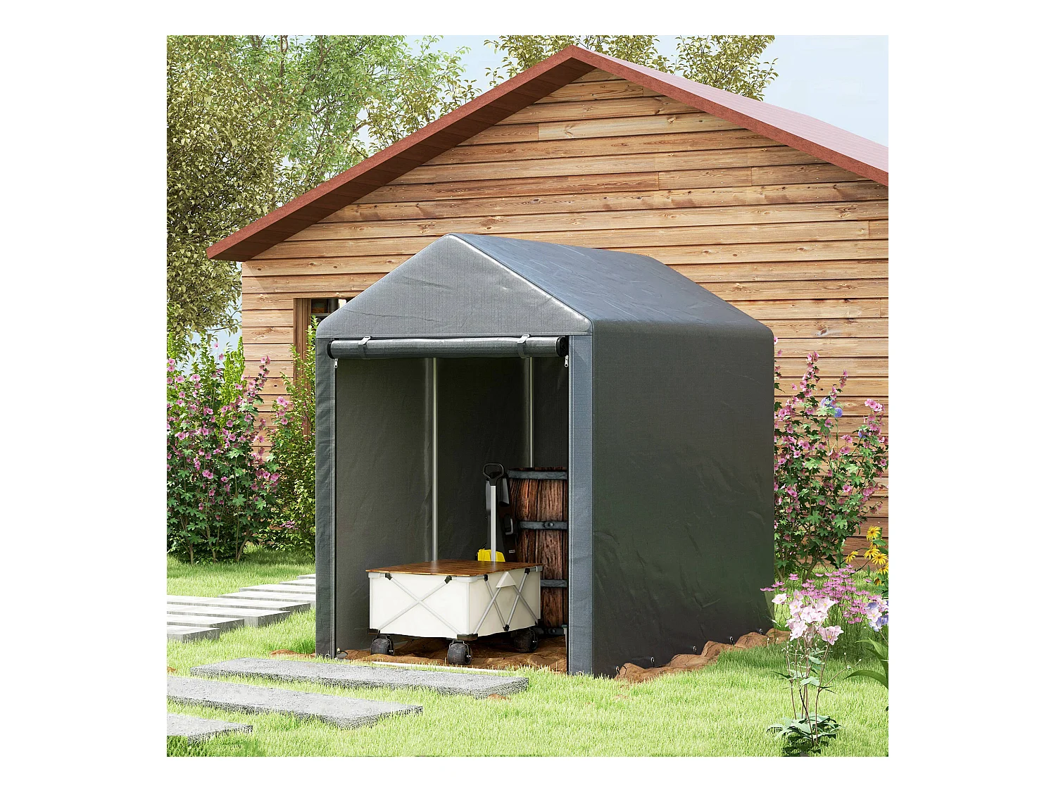 Abri de jardin tente de stockage portable abri de vélo garage pour extérieur avec cadre en métal galvanisé et grande porte, 1,2 x 1,8 m gris foncé