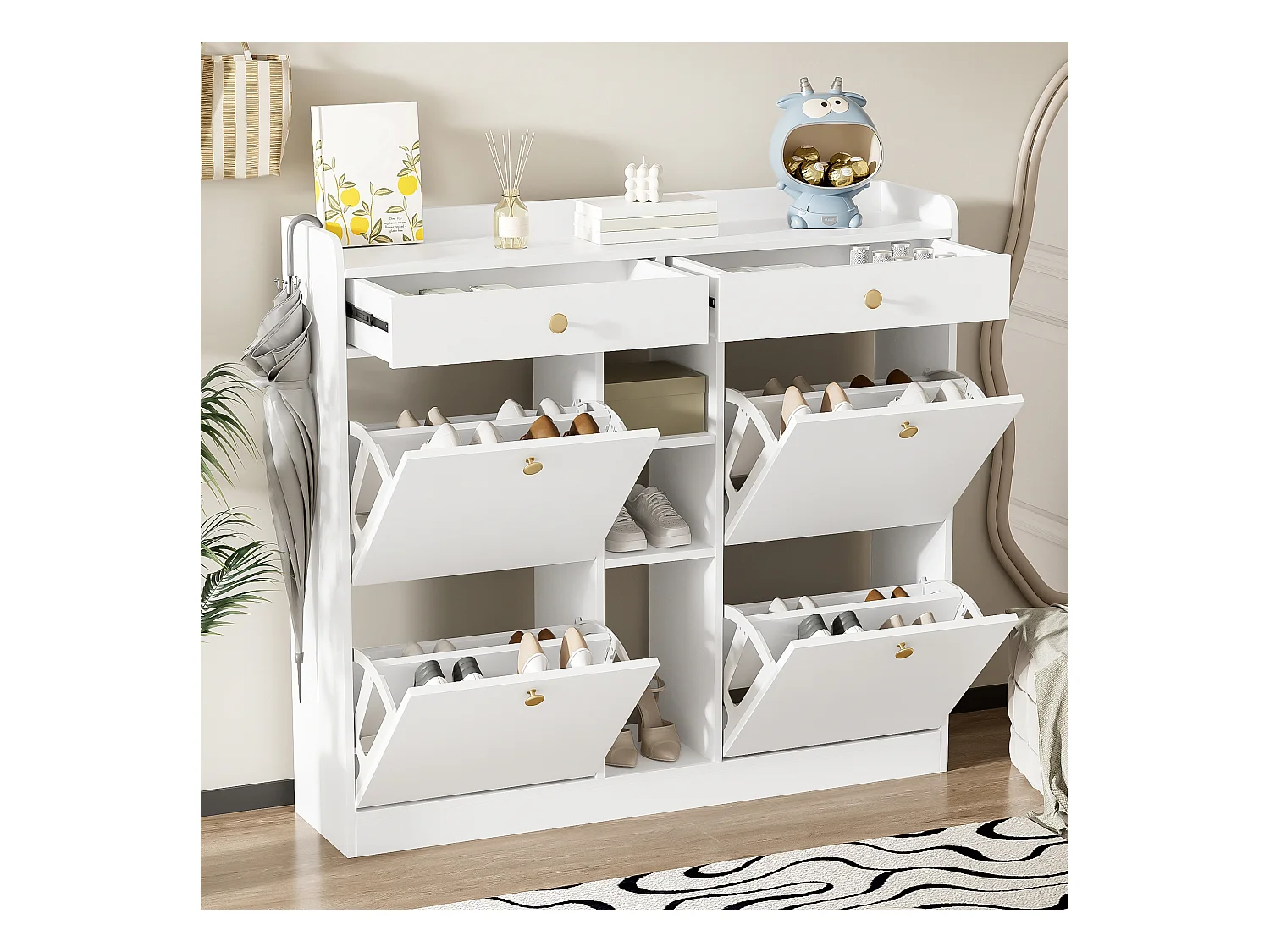 Sapateira com 2 gavetas, 3 compartimentos abertos e 4 portas de batente - 110 x 26 x 100 cm - Aglomerado - Branco