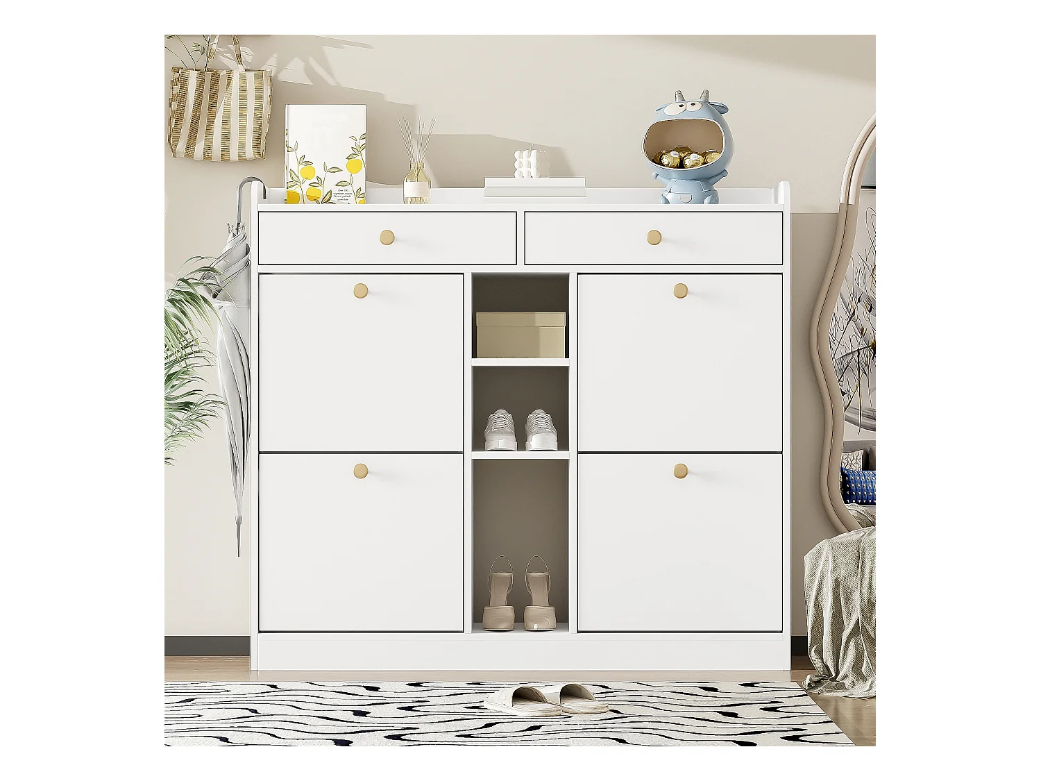 Sapateira com 2 gavetas, 3 compartimentos abertos e 4 portas de batente - 110 x 26 x 100 cm - Aglomerado - Branco