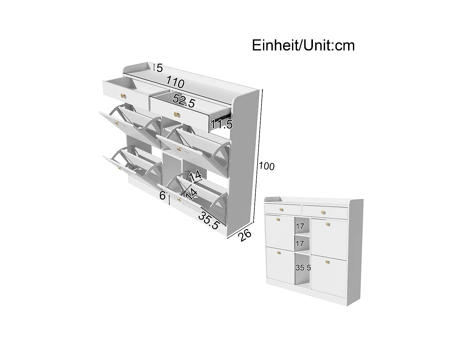 Sapateira com 2 gavetas, 3 compartimentos abertos e 4 portas de batente - 110 x 26 x 100 cm - Aglomerado - Branco