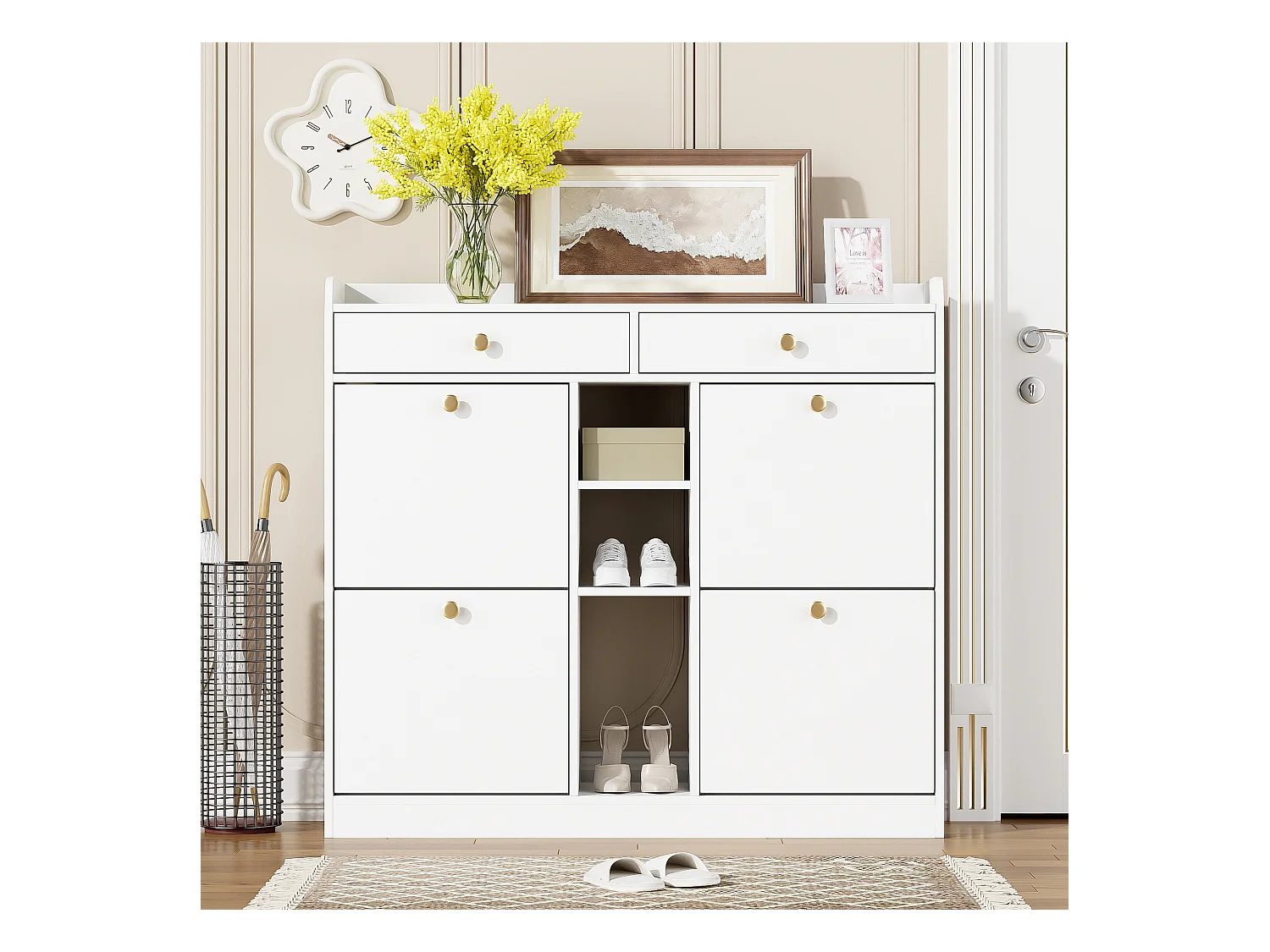 Sapateira com 2 gavetas, 3 compartimentos abertos e 4 portas de batente - 110 x 26 x 100 cm - Aglomerado - Branco