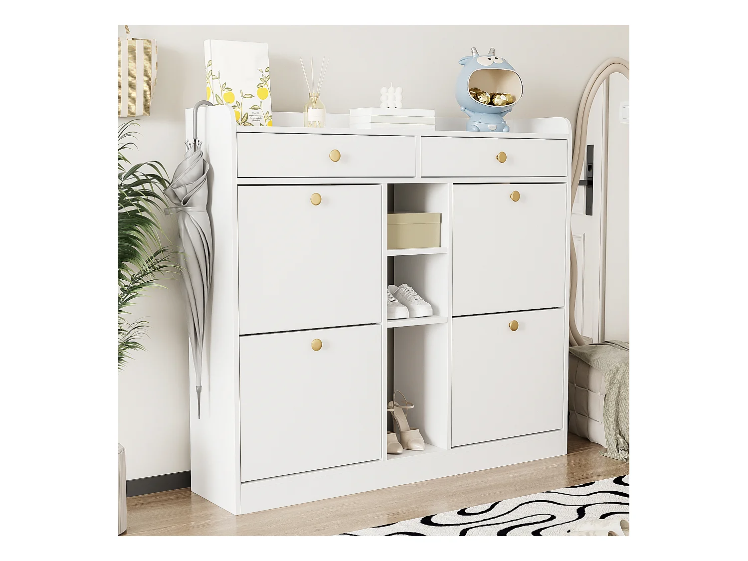 Meuble à chaussures avec 2 tiroirs, 3 compartiments ouverts et 4 portes battantes - 110 x 26 x 100 cm - Panneau de particules - Blanc