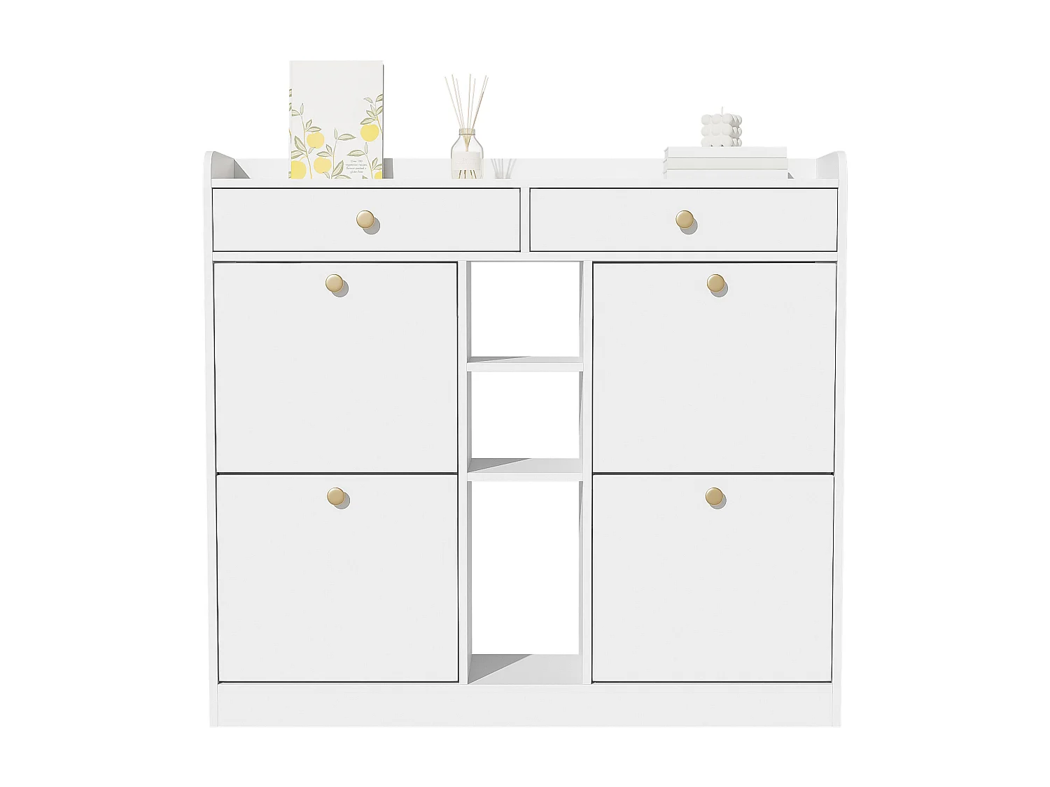 Meuble à chaussures avec 2 tiroirs, 3 compartiments ouverts et 4 portes battantes - 110 x 26 x 100 cm - Panneau de particules - Blanc