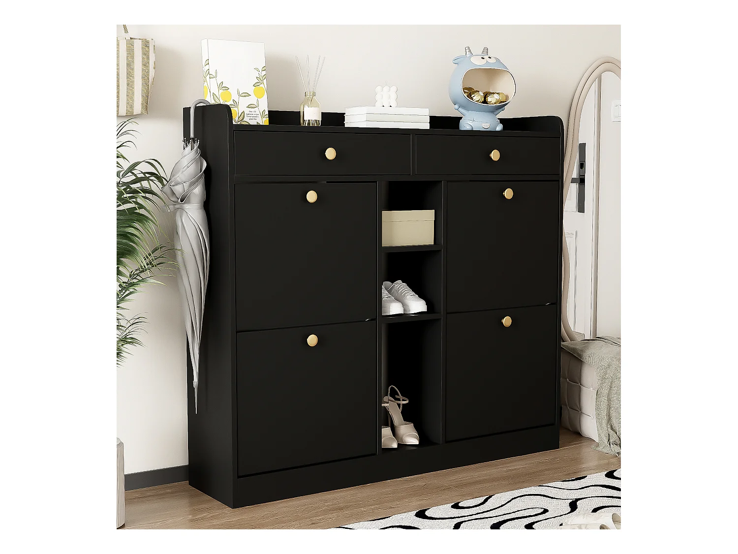 Sapateira com 2 gavetas, 3 compartimentos abertos e 4 portas de batente - 110 x 26 x 100 cm - Aglomerado - Preto