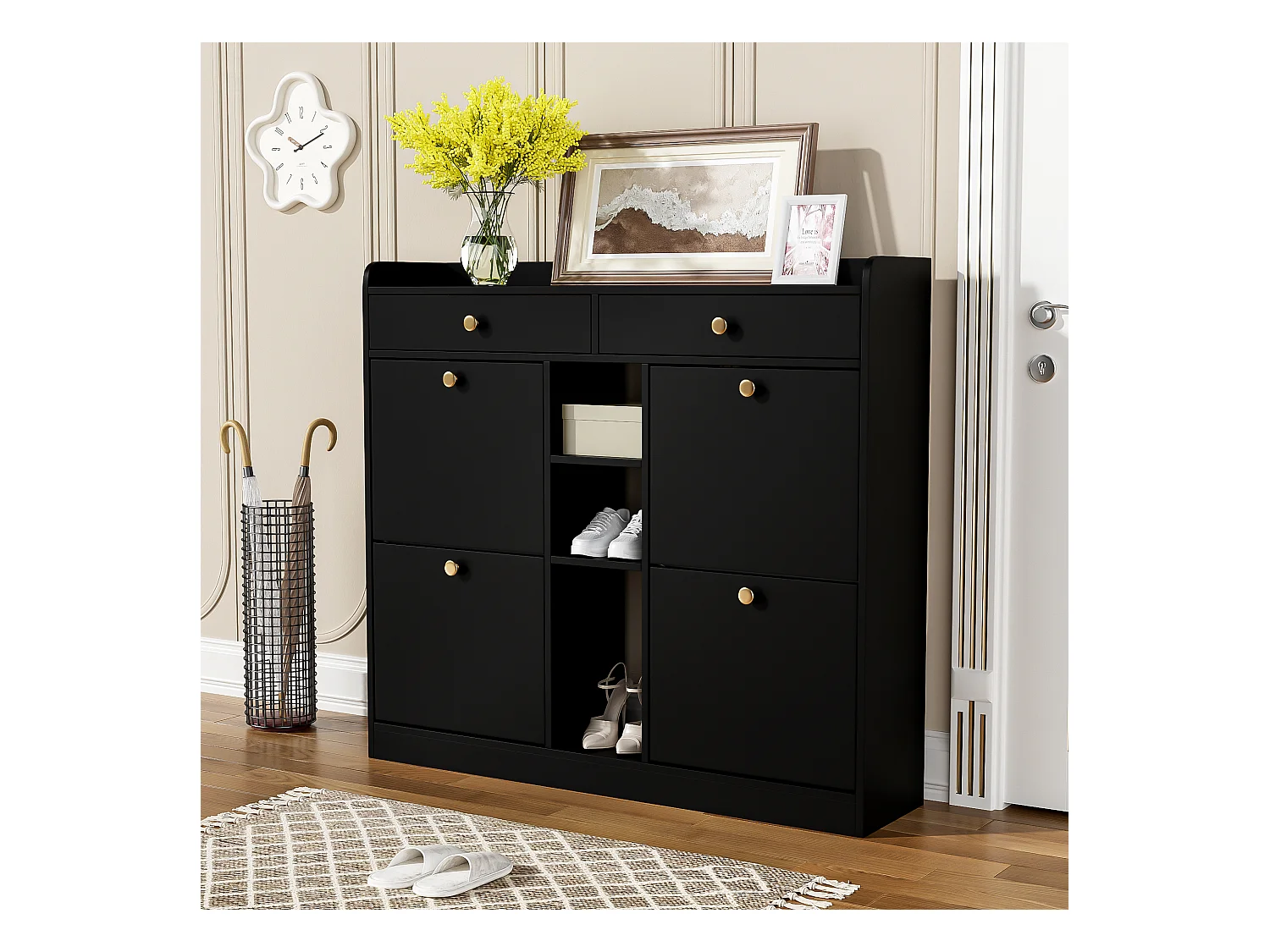Scarpiera con 2 cassetti, 3 vani aperti e 4 ante a battente - 110 x 26 x 100 cm - Pannello truciolare - Nero