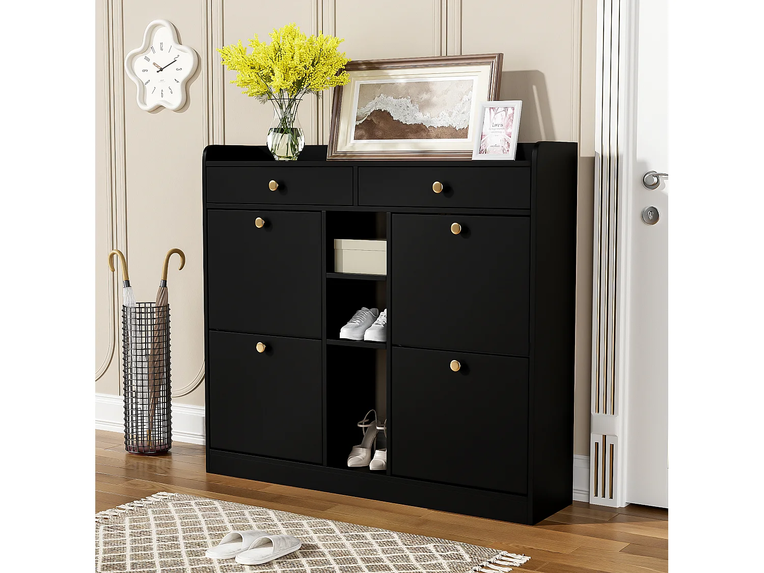 Meuble à chaussures avec 2 tiroirs, 3 compartiments ouverts et 4 portes battantes - 110 x 26 x 100 cm - Panneau de particules - Noir