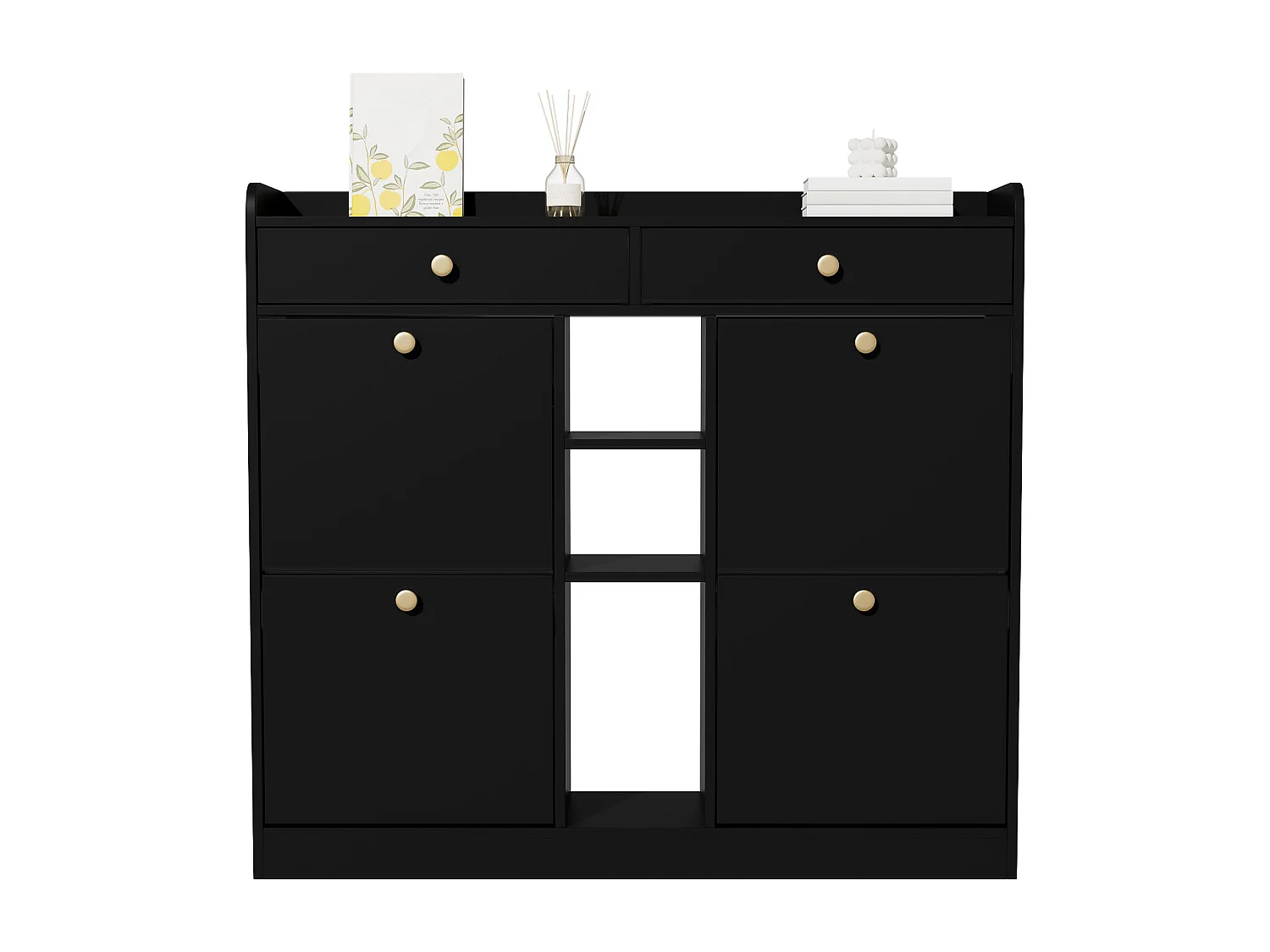 Meuble à chaussures avec 2 tiroirs, 3 compartiments ouverts et 4 portes battantes - 110 x 26 x 100 cm - Panneau de particules - Noir