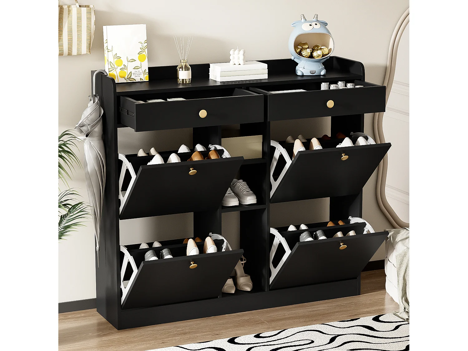 Meuble à chaussures avec 2 tiroirs, 3 compartiments ouverts et 4 portes battantes - 110 x 26 x 100 cm - Panneau de particules - Noir