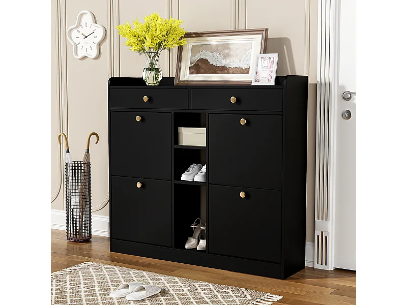 Scarpiera con 2 cassetti, 3 vani aperti e 4 ante a battente - 110 x 26 x 100 cm - Pannello truciolare - Nero