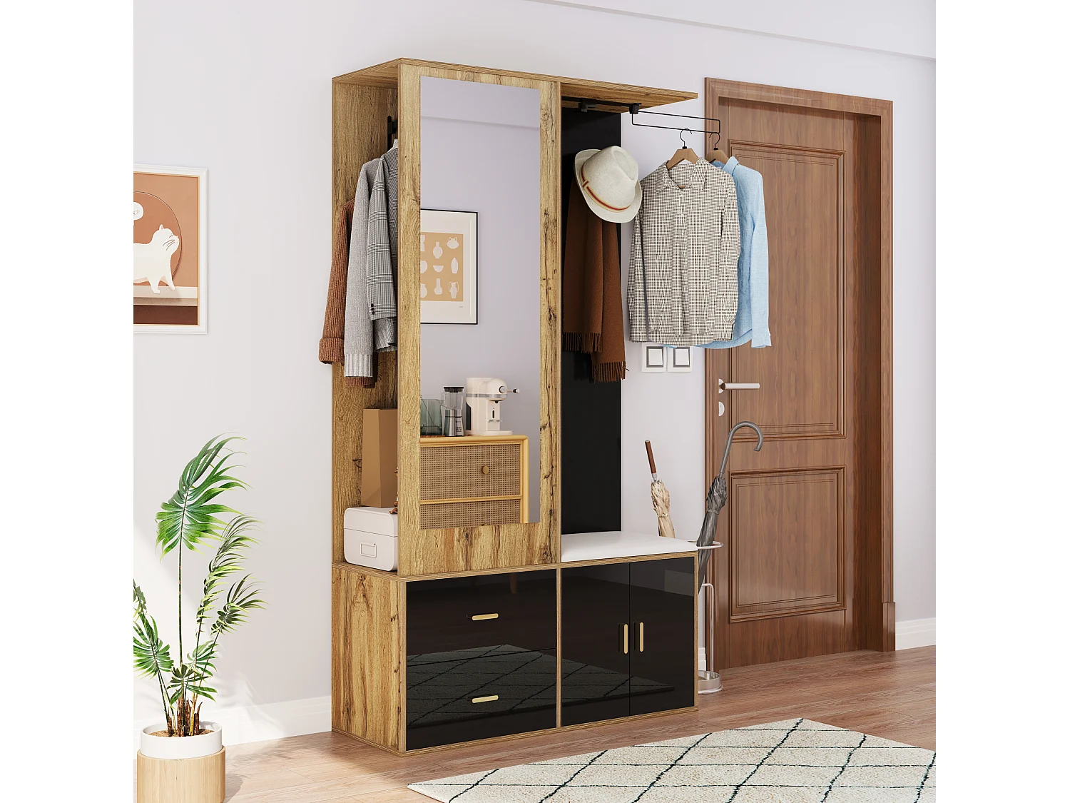 Zapatero + banco + armario con espejo - 2 puertas y 2 cajones - 100x38x180cm - Tablero de partículas - Negro y natural