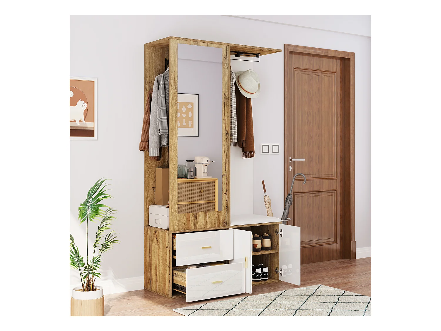 Schoenenrek + bank + kledingkast met spiegel - 2 deuren en 2 lades - 100x38x180cm - Spaanplaat - Wit en naturel