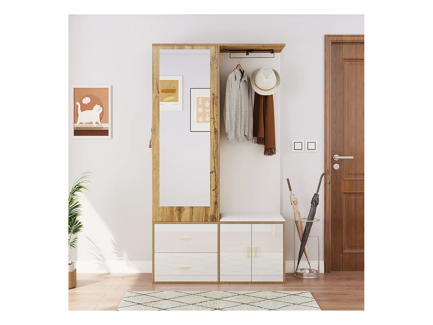 Schoenenrek + bank + kledingkast met spiegel - 2 deuren en 2 lades - 100x38x180cm - Spaanplaat - Wit en naturel