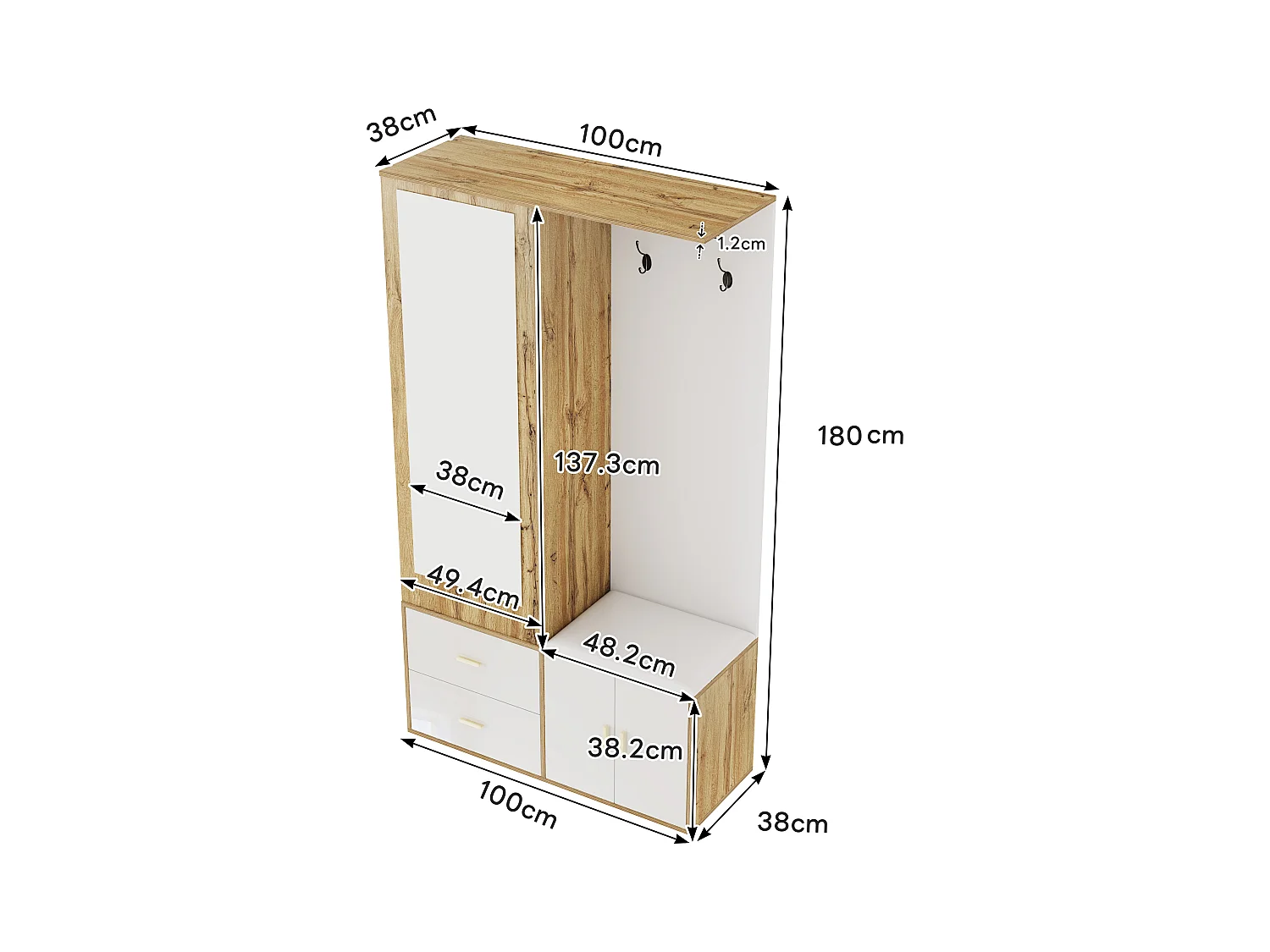 Schoenenrek + bank + kledingkast met spiegel - 2 deuren en 2 lades - 100x38x180cm - Spaanplaat - Wit en naturel