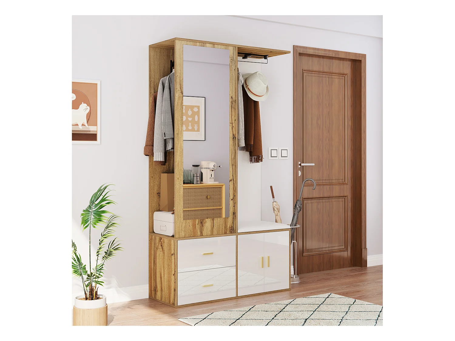 Schoenenrek + bank + kledingkast met spiegel - 2 deuren en 2 lades - 100x38x180cm - Spaanplaat - Wit en naturel