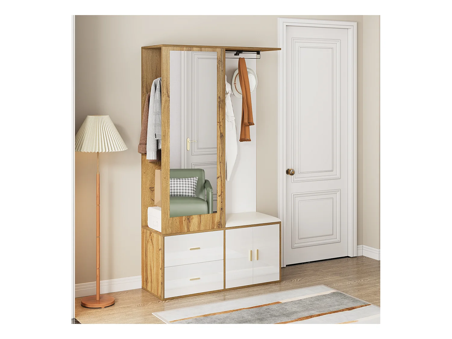 Schoenenrek + bank + kledingkast met spiegel - 2 deuren en 2 lades - 100x38x180cm - Spaanplaat - Wit en naturel