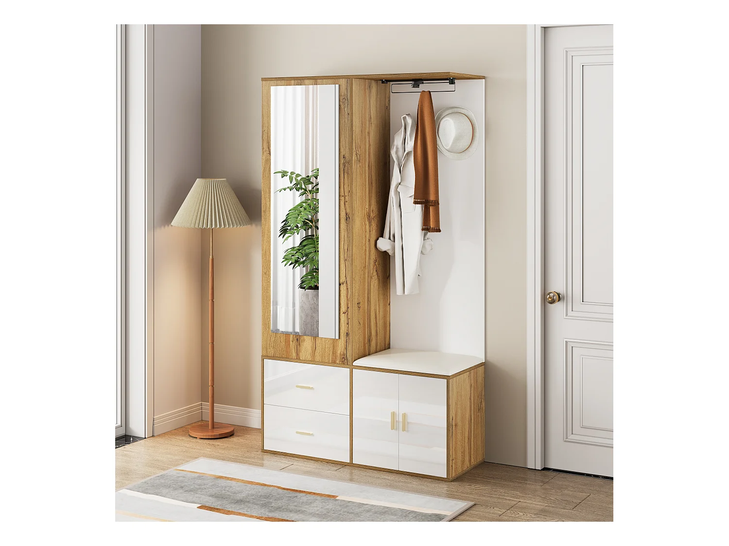 Schoenenrek + bank + kledingkast met spiegel - 2 deuren en 2 lades - 100x38x180cm - Spaanplaat - Wit en naturel