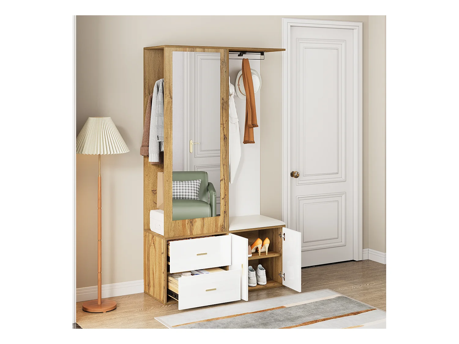 Schoenenrek + bank + kledingkast met spiegel - 2 deuren en 2 lades - 100x38x180cm - Spaanplaat - Wit en naturel