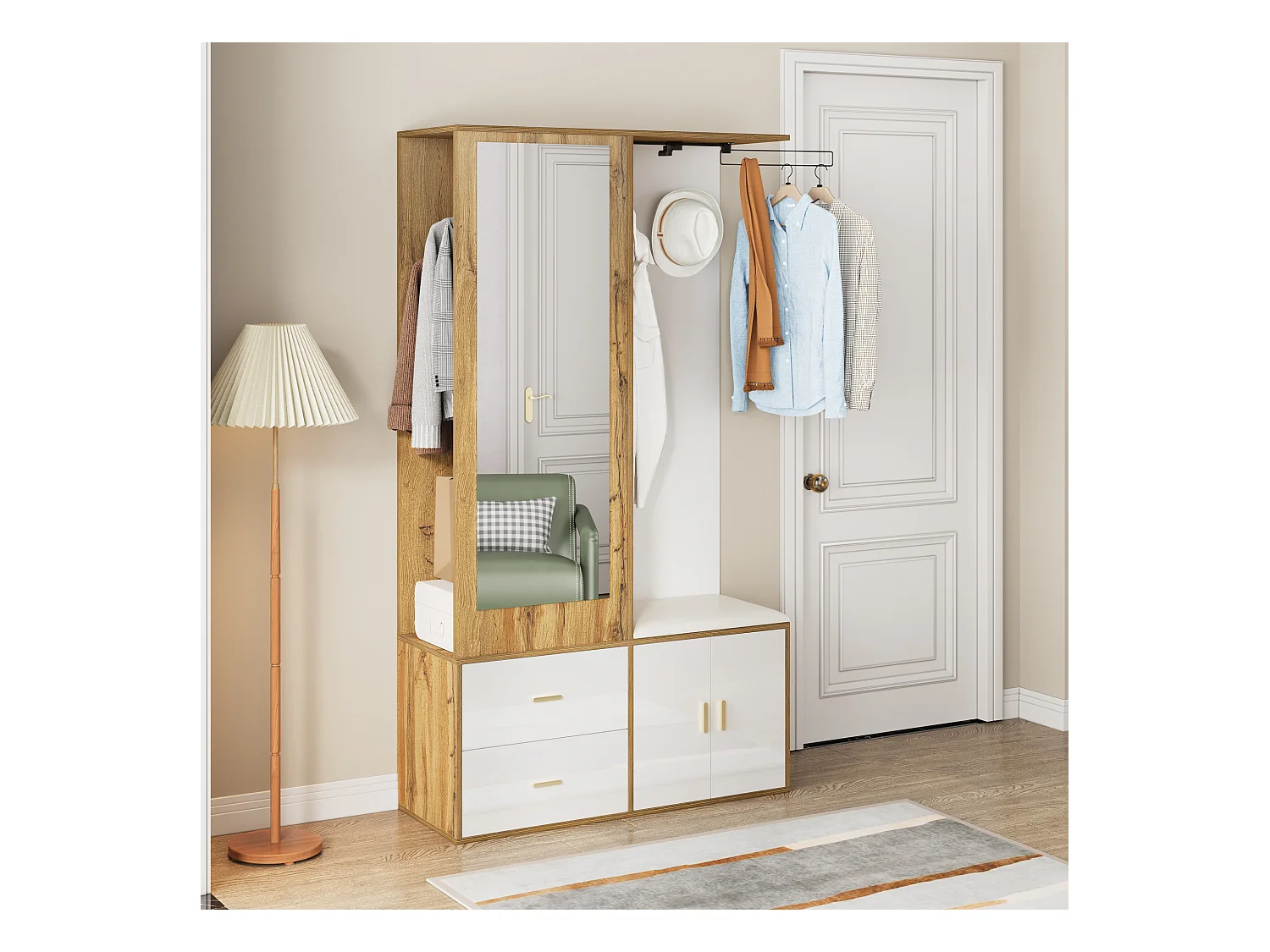 Ensemble meuble à chaussures + banc + garde-robe avec miroir - 2 portes et 2 tiroirs - 100x38x180cm - Panneau de particules - Blanc et naturel