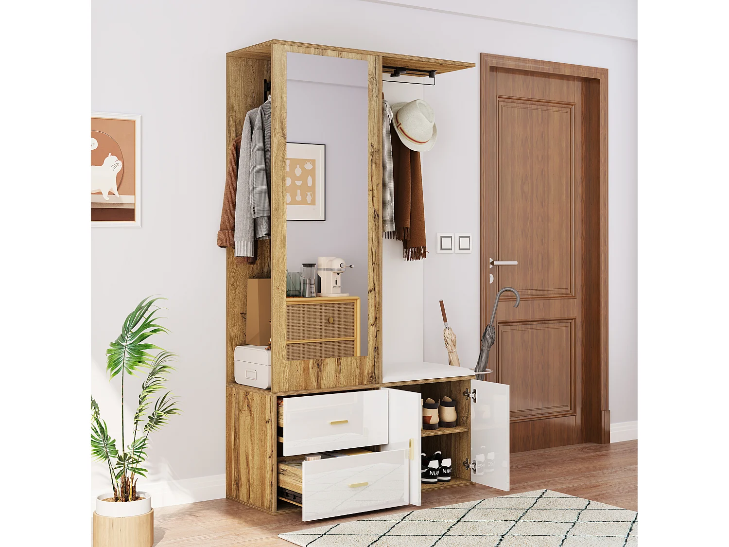 Ensemble meuble à chaussures + banc + garde-robe avec miroir - 2 portes et 2 tiroirs - 100x38x180cm - Panneau de particules - Blanc et naturel