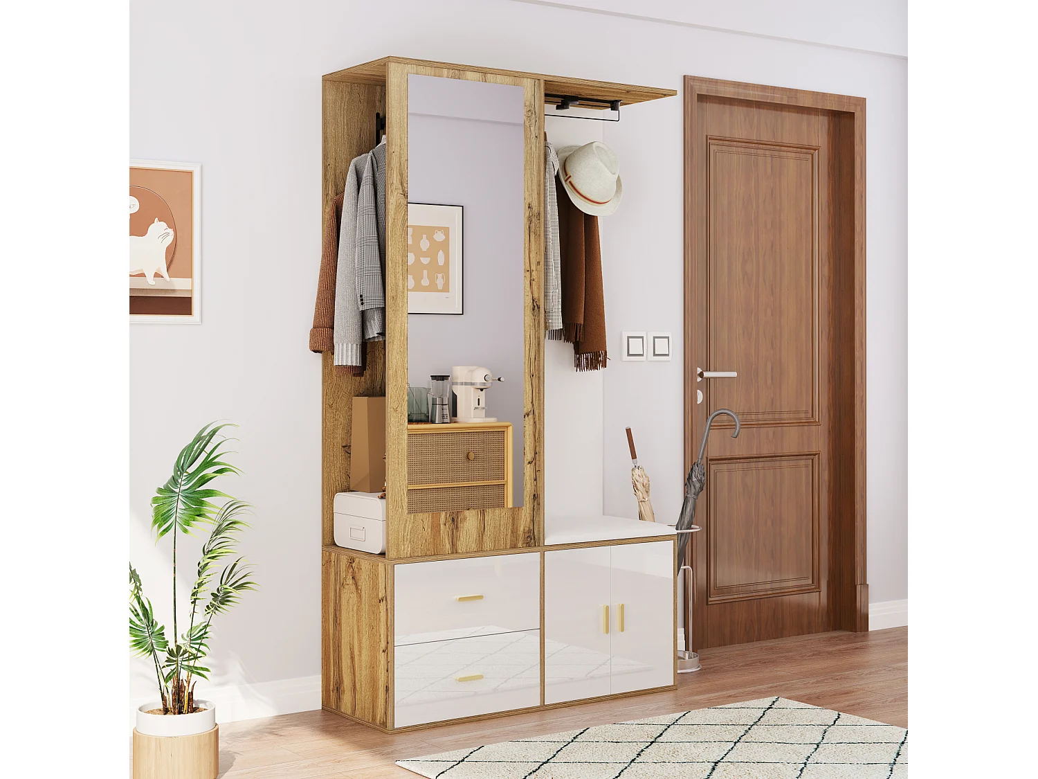 Ensemble meuble à chaussures + banc + garde-robe avec miroir - 2 portes et 2 tiroirs - 100x38x180cm - Panneau de particules - Blanc et naturel