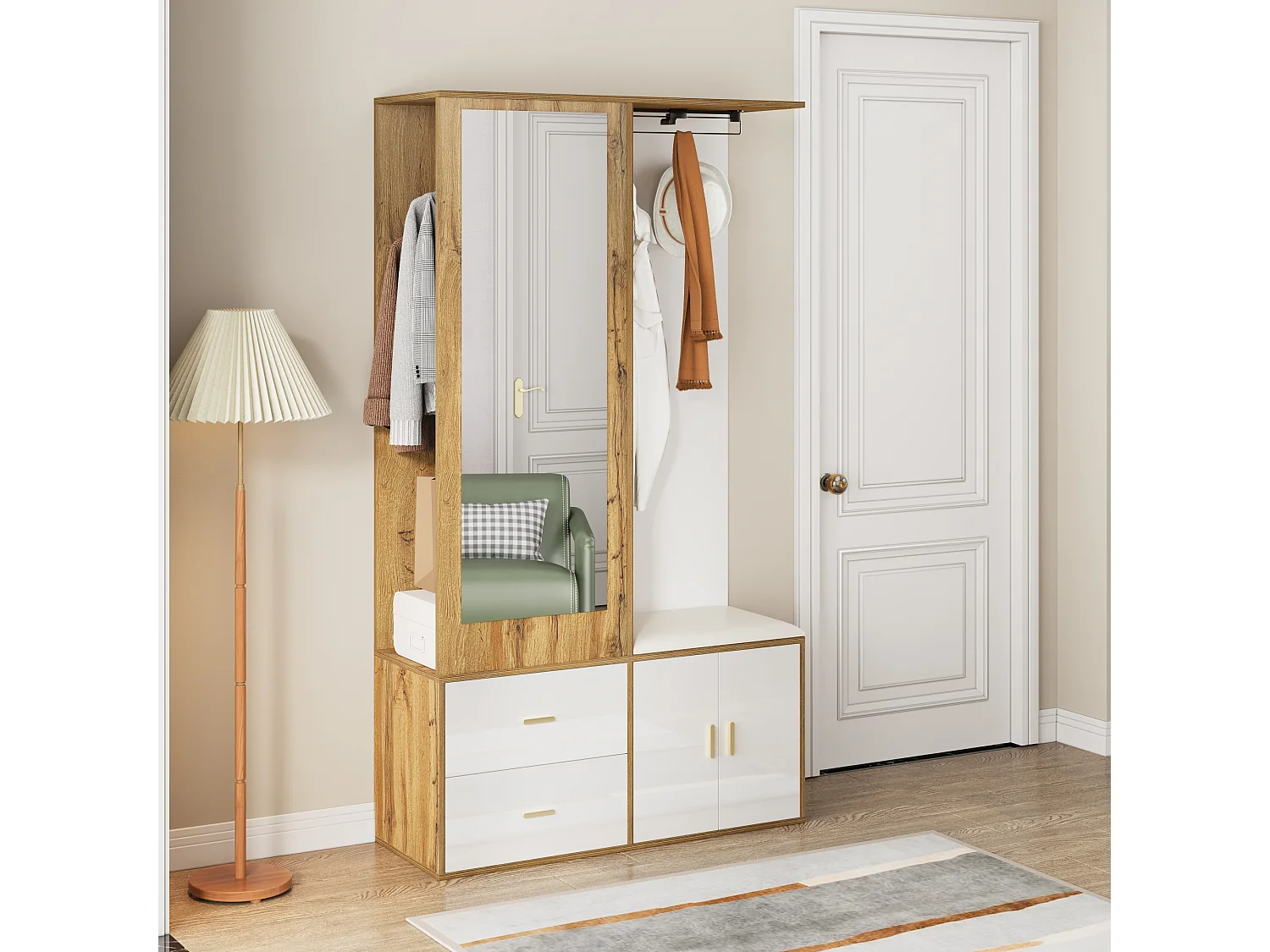 Ensemble meuble à chaussures + banc + garde-robe avec miroir - 2 portes et 2 tiroirs - 100x38x180cm - Panneau de particules - Blanc et naturel