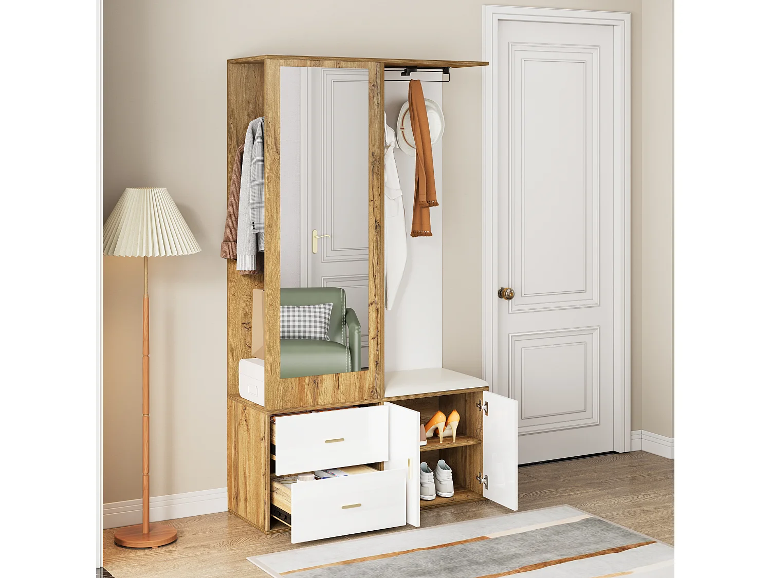 Ensemble meuble à chaussures + banc + garde-robe avec miroir - 2 portes et 2 tiroirs - 100x38x180cm - Panneau de particules - Blanc et naturel