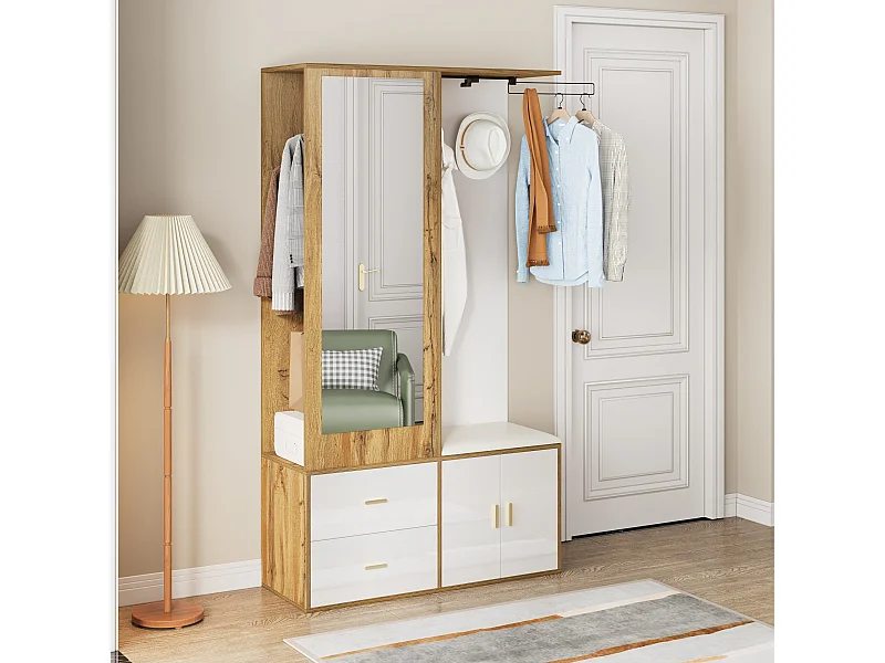 Ensemble meuble à chaussures + banc + garde-robe avec miroir - 2 portes et 2 tiroirs - 100x38x180cm - Panneau de particules - Blanc et naturel