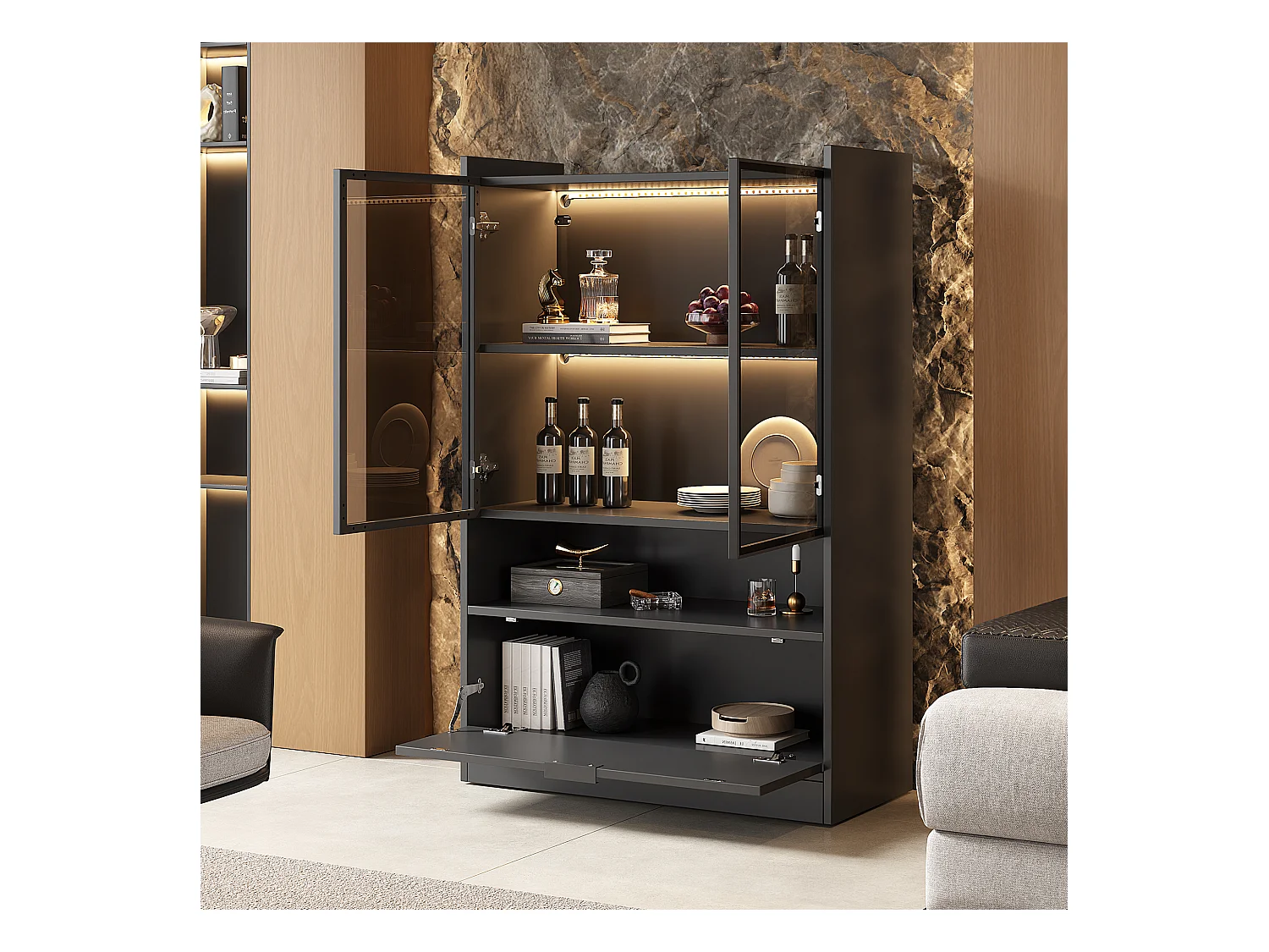 Vitrine avec 3 portes et 1 compartiment - 80 x 35 x 120 cm - LEDs - Panneau de particules et verre - Noir