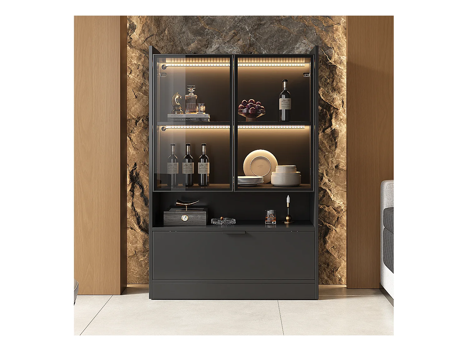 Vitrine avec 3 portes et 1 compartiment - 80 x 35 x 120 cm - LEDs - Panneau de particules et verre - Noir