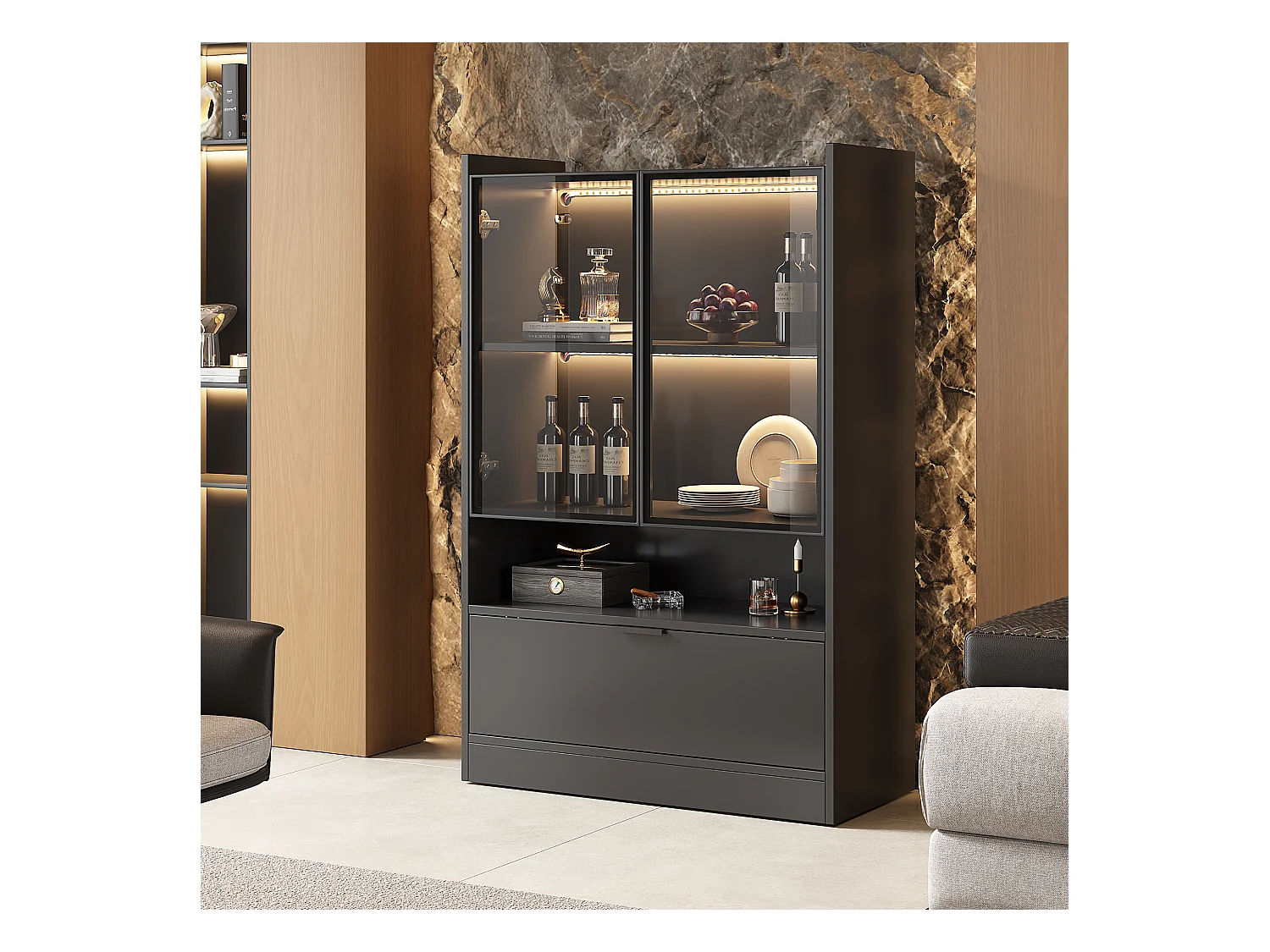 Vitrine avec 3 portes et 1 compartiment - 80 x 35 x 120 cm - LEDs - Panneau de particules et verre - Noir