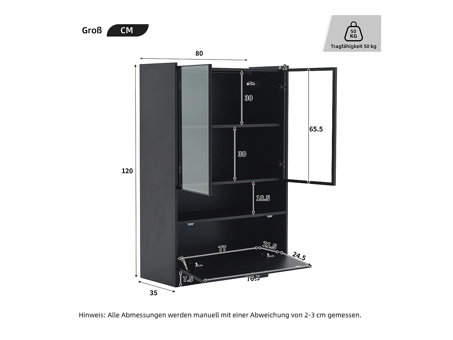 Vitrine avec 3 portes et 1 compartiment - 80 x 35 x 120 cm - LEDs - Panneau de particules et verre - Noir