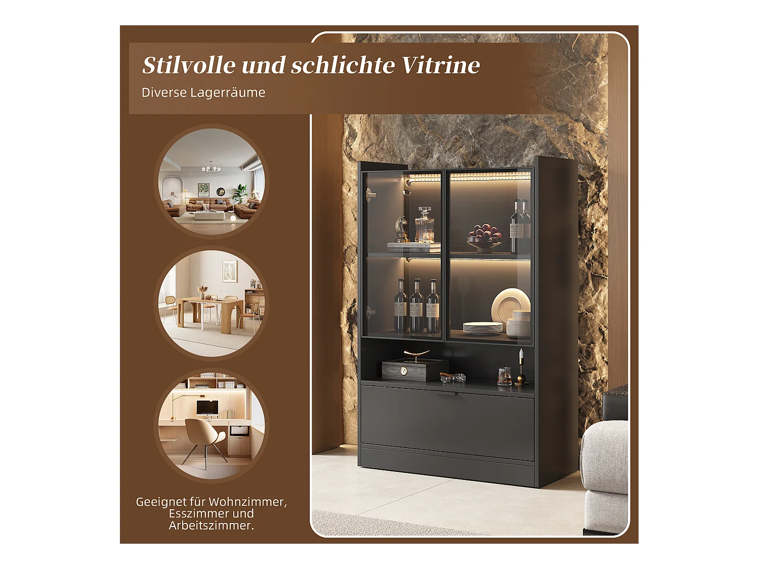 Vitrine avec 3 portes et 1 compartiment - 80 x 35 x 120 cm - LEDs - Panneau de particules et verre - Noir