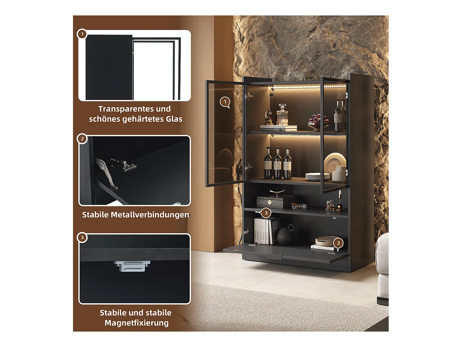 Vitrine avec 3 portes et 1 compartiment - 80 x 35 x 120 cm - LEDs - Panneau de particules et verre - Noir