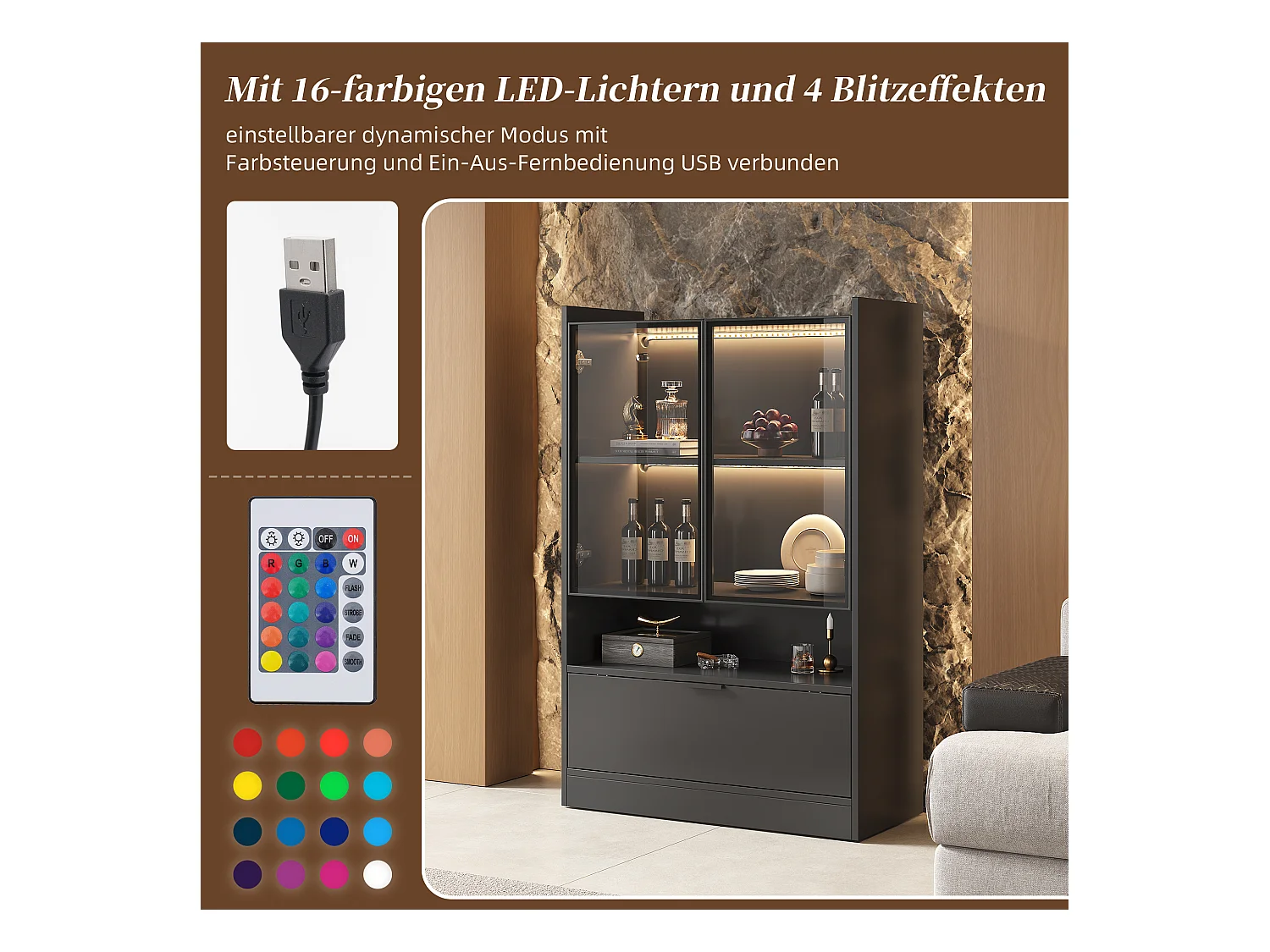 Vitrine avec 3 portes et 1 compartiment - 80 x 35 x 120 cm - LEDs - Panneau de particules et verre - Noir