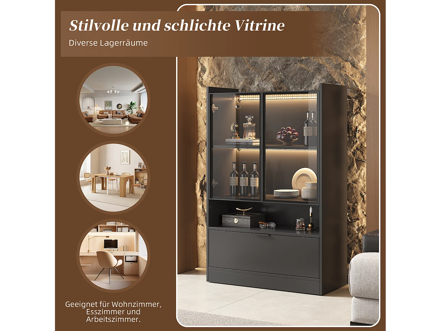 Vitrine avec 3 portes et 1 compartiment - 80 x 35 x 120 cm - LEDs - Panneau de particules et verre - Noir
