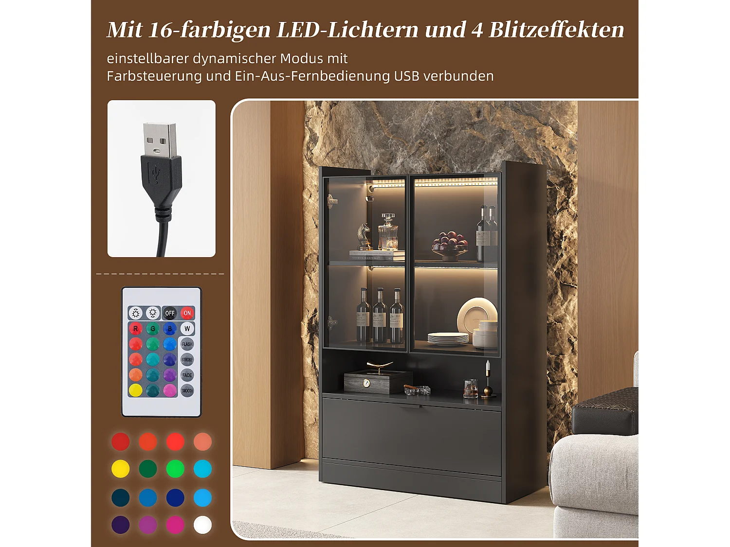 Vitrine avec 3 portes et 1 compartiment - 80 x 35 x 120 cm - LEDs - Panneau de particules et verre - Noir