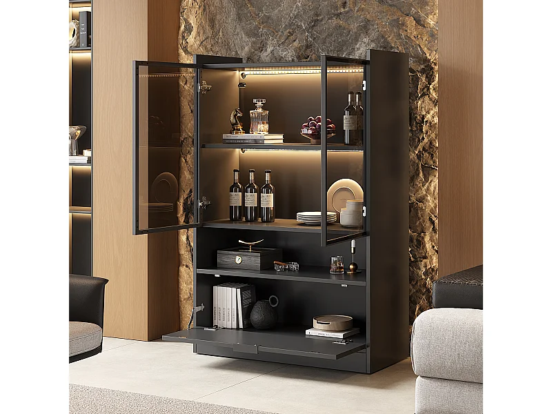 Vitrine avec 3 portes et 1 compartiment - 80 x 35 x 120 cm - LEDs - Panneau de particules et verre - Noir