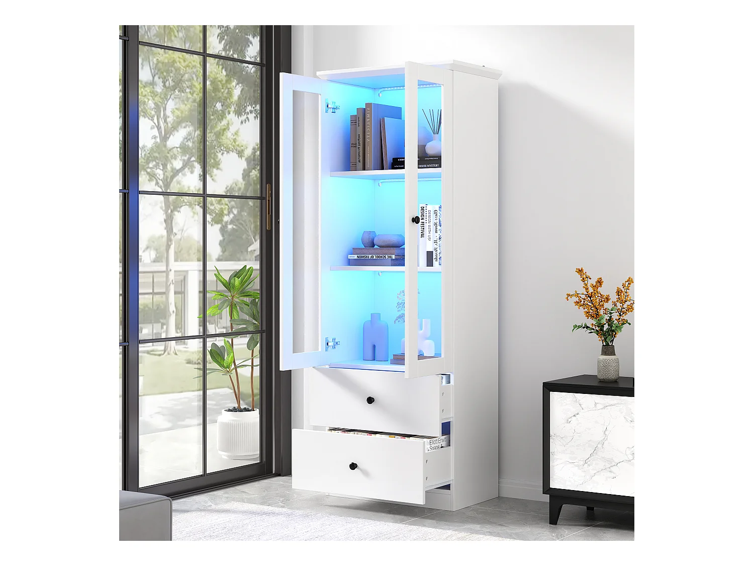 Vetrina con 2 ante e 2 cassetti - 60 x 36 x 165 cm - LED - Ripiani regolabili - Truciolare + MDF - Bianco