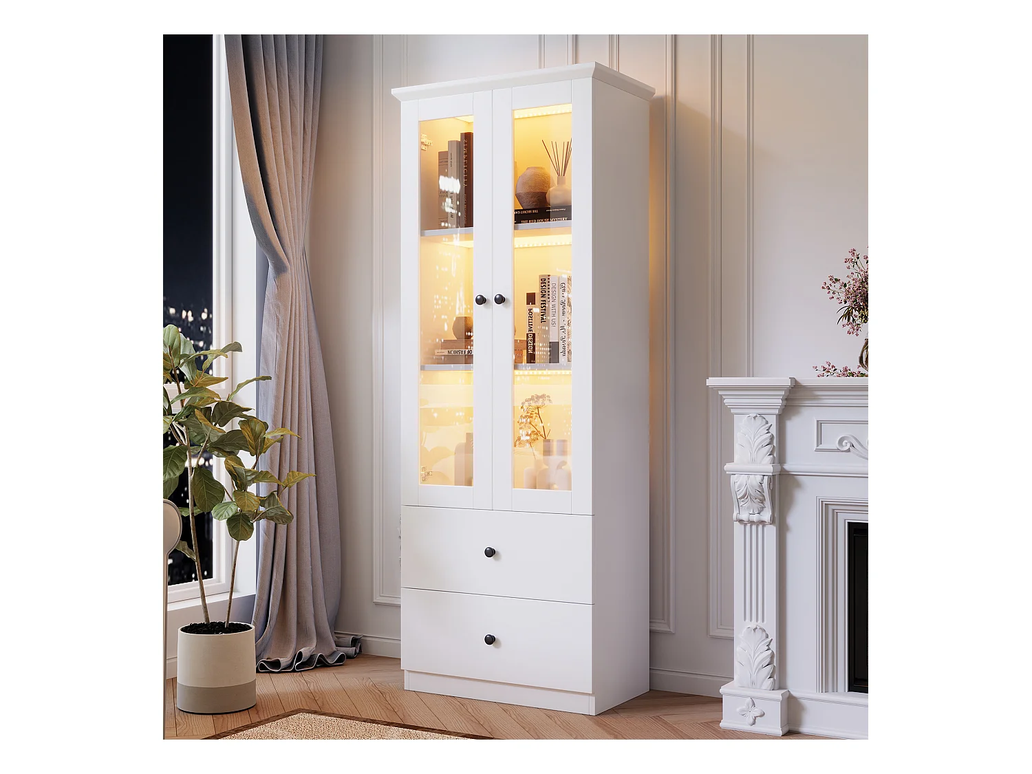 Vetrina con 2 ante e 2 cassetti - 60 x 36 x 165 cm - LED - Ripiani regolabili - Truciolare + MDF - Bianco