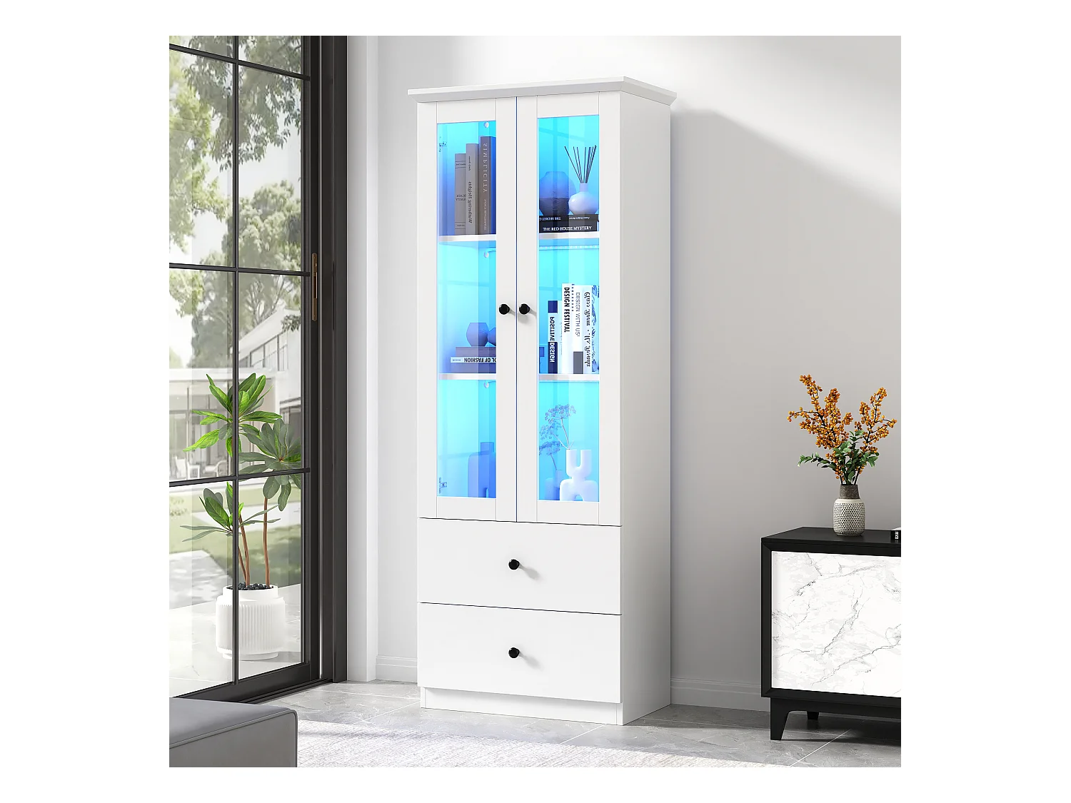 Vetrina con 2 ante e 2 cassetti - 60 x 36 x 165 cm - LED - Ripiani regolabili - Truciolare + MDF - Bianco