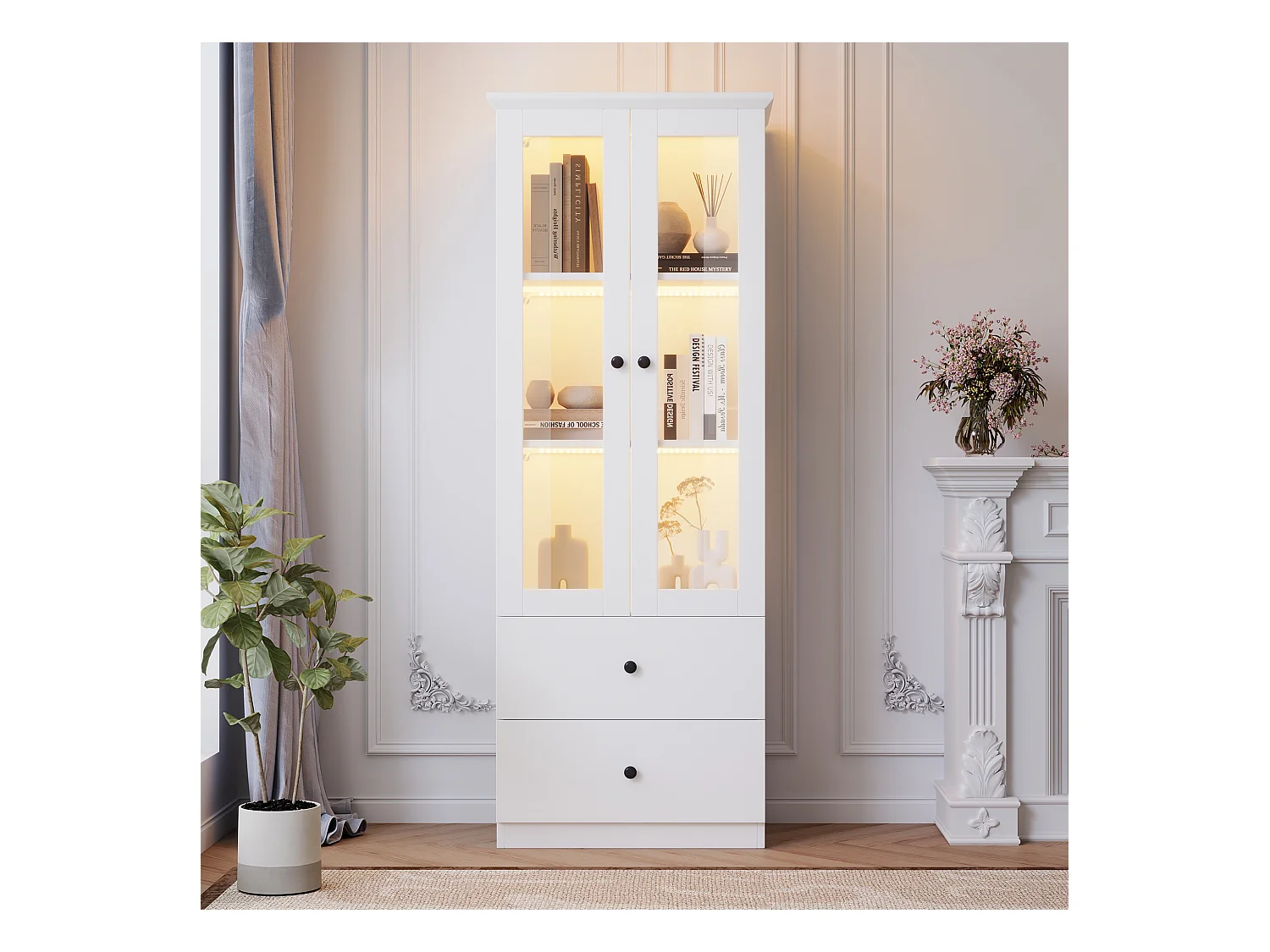 Vetrina con 2 ante e 2 cassetti - 60 x 36 x 165 cm - LED - Ripiani regolabili - Truciolare + MDF - Bianco