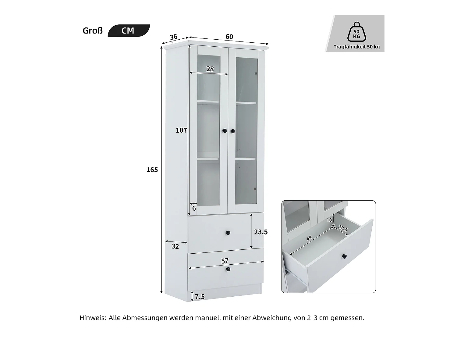 Vetrina con 2 ante e 2 cassetti - 60 x 36 x 165 cm - LED - Ripiani regolabili - Truciolare + MDF - Bianco