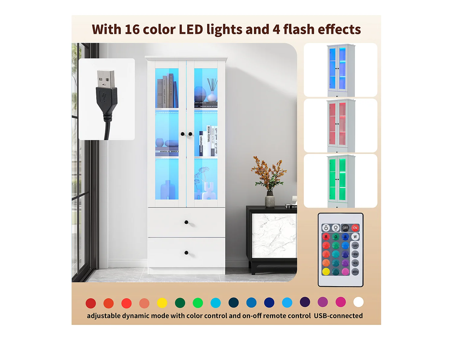 Vetrina con 2 ante e 2 cassetti - 60 x 36 x 165 cm - LED - Ripiani regolabili - Truciolare + MDF - Bianco