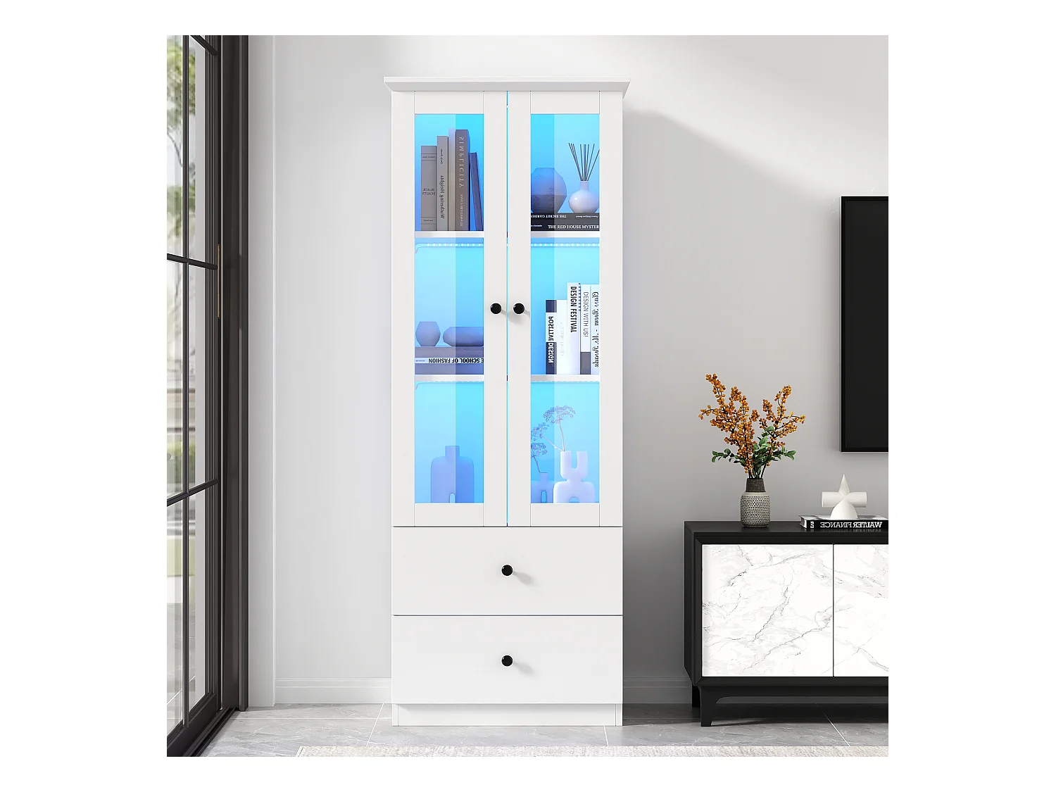 Vetrina con 2 ante e 2 cassetti - 60 x 36 x 165 cm - LED - Ripiani regolabili - Truciolare + MDF - Bianco