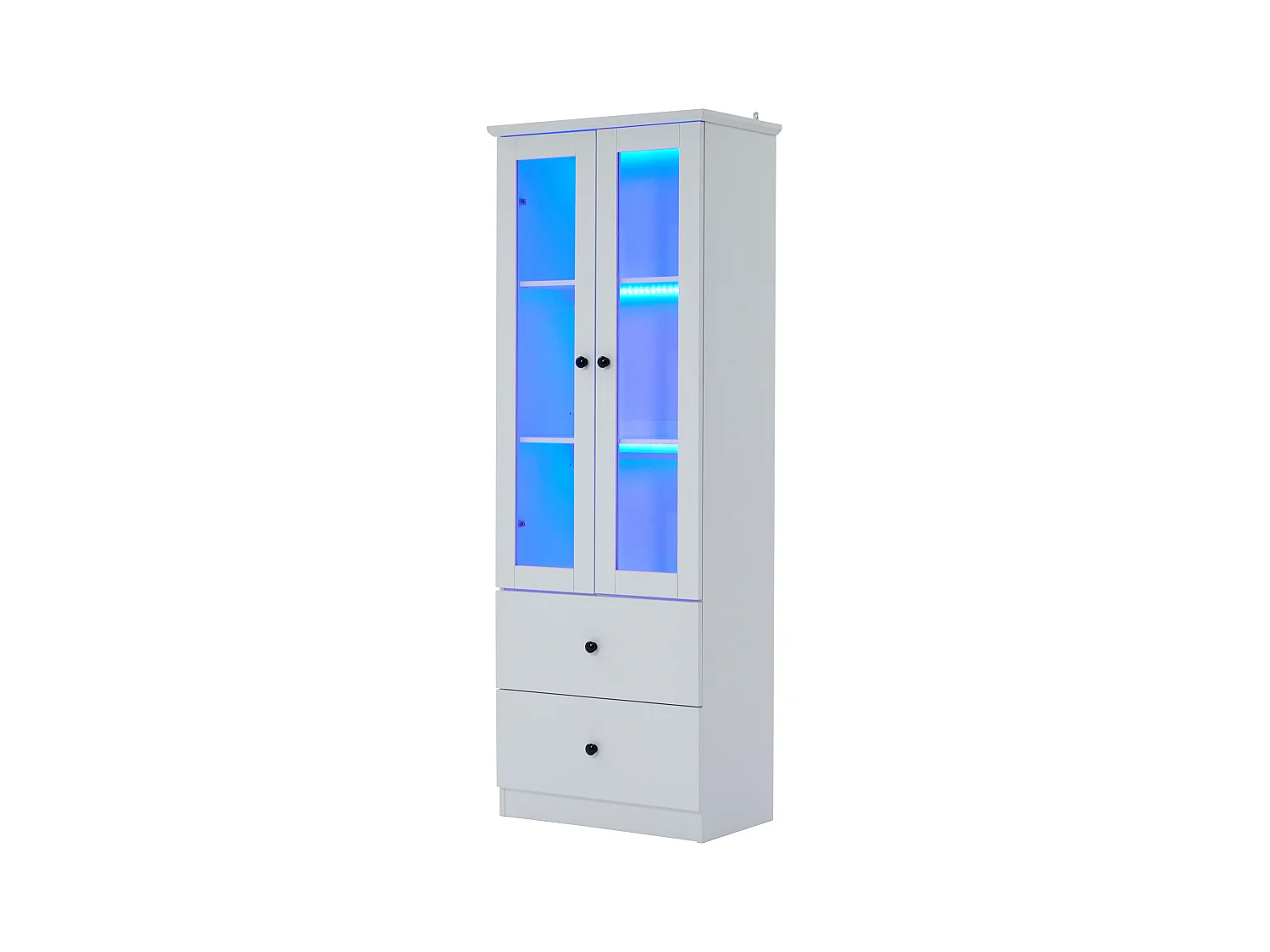 Vitrine avec 2 portes et 2 tiroirs - 60 x 36 x 165 cm - LEDs - Etagères réglables - Panneau de particules + MDF - Blanc