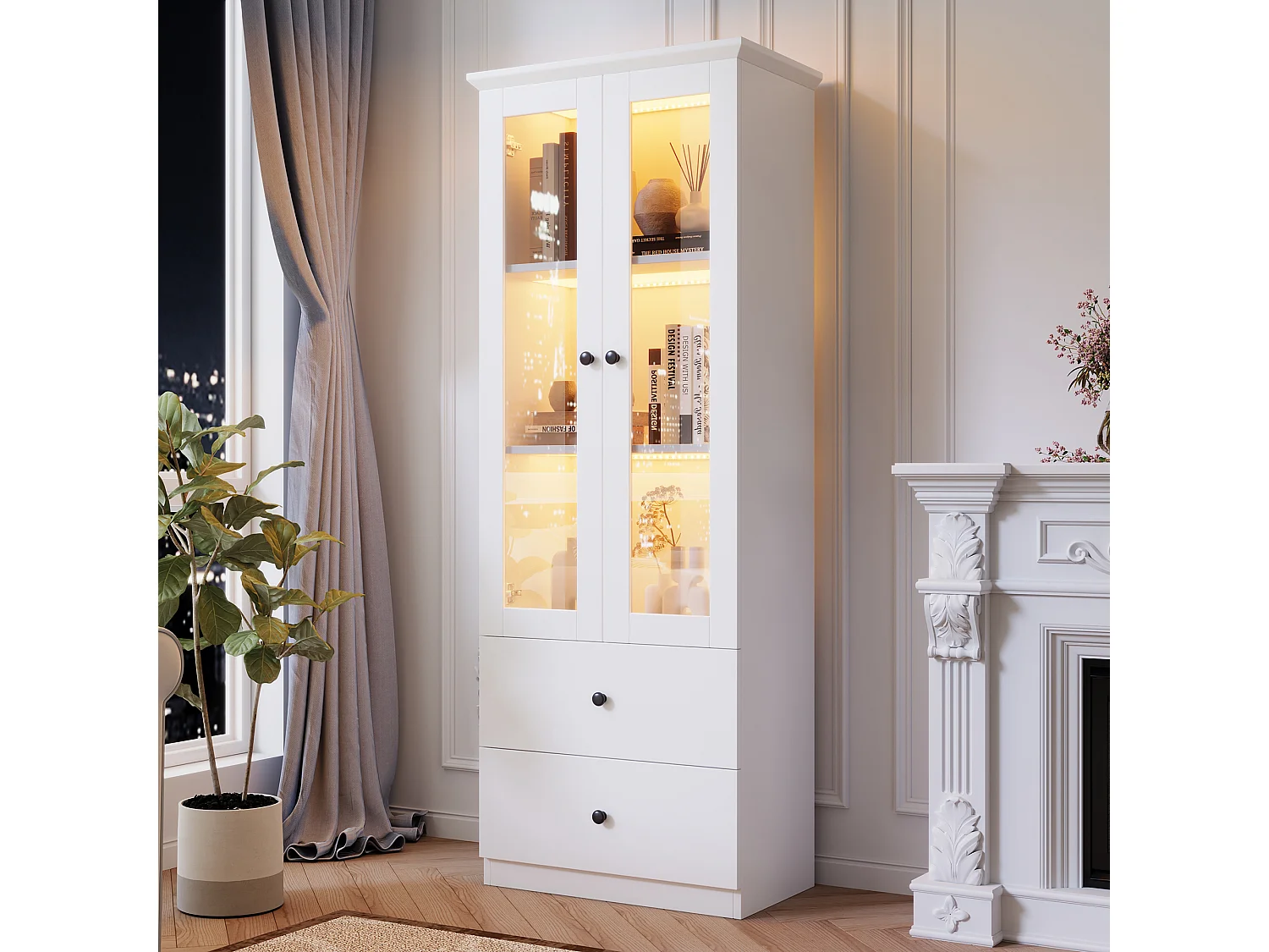 Vitrine avec 2 portes et 2 tiroirs - 60 x 36 x 165 cm - LEDs - Etagères réglables - Panneau de particules + MDF - Blanc