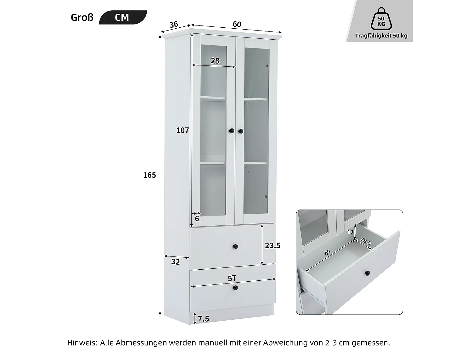 Vitrine avec 2 portes et 2 tiroirs - 60 x 36 x 165 cm - LEDs - Etagères réglables - Panneau de particules + MDF - Blanc