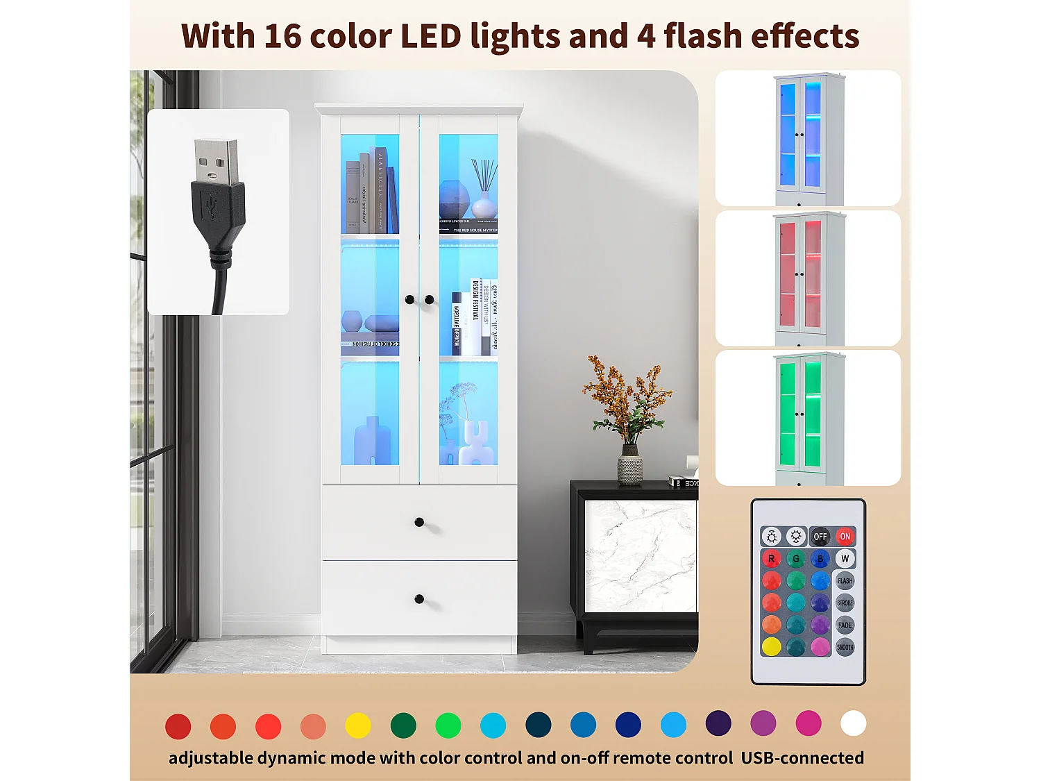 Vitrine avec 2 portes et 2 tiroirs - 60 x 36 x 165 cm - LEDs - Etagères réglables - Panneau de particules + MDF - Blanc