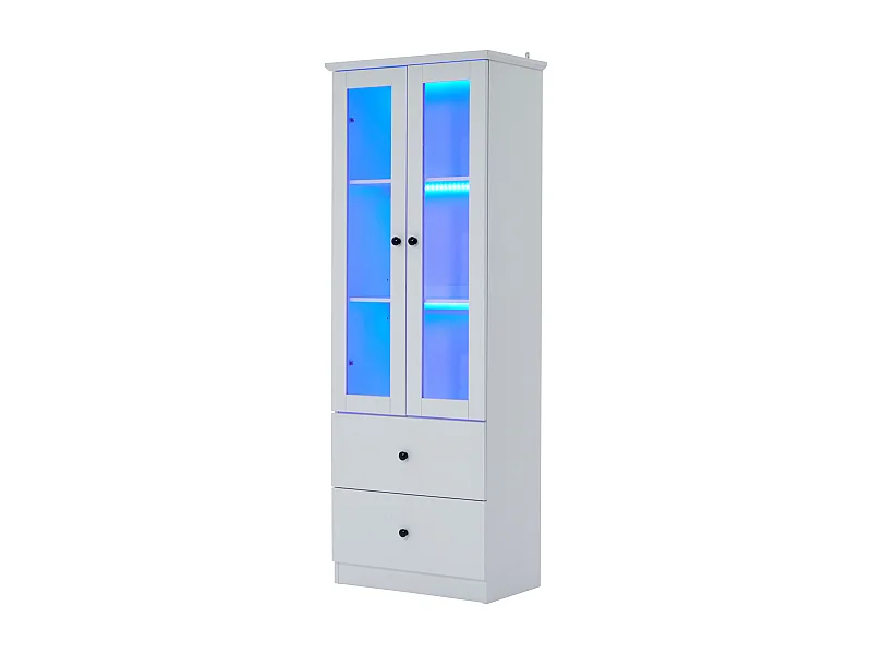 Vitrine avec 2 portes et 2 tiroirs - 60 x 36 x 165 cm - LEDs - Etagères réglables - Panneau de particules + MDF - Blanc